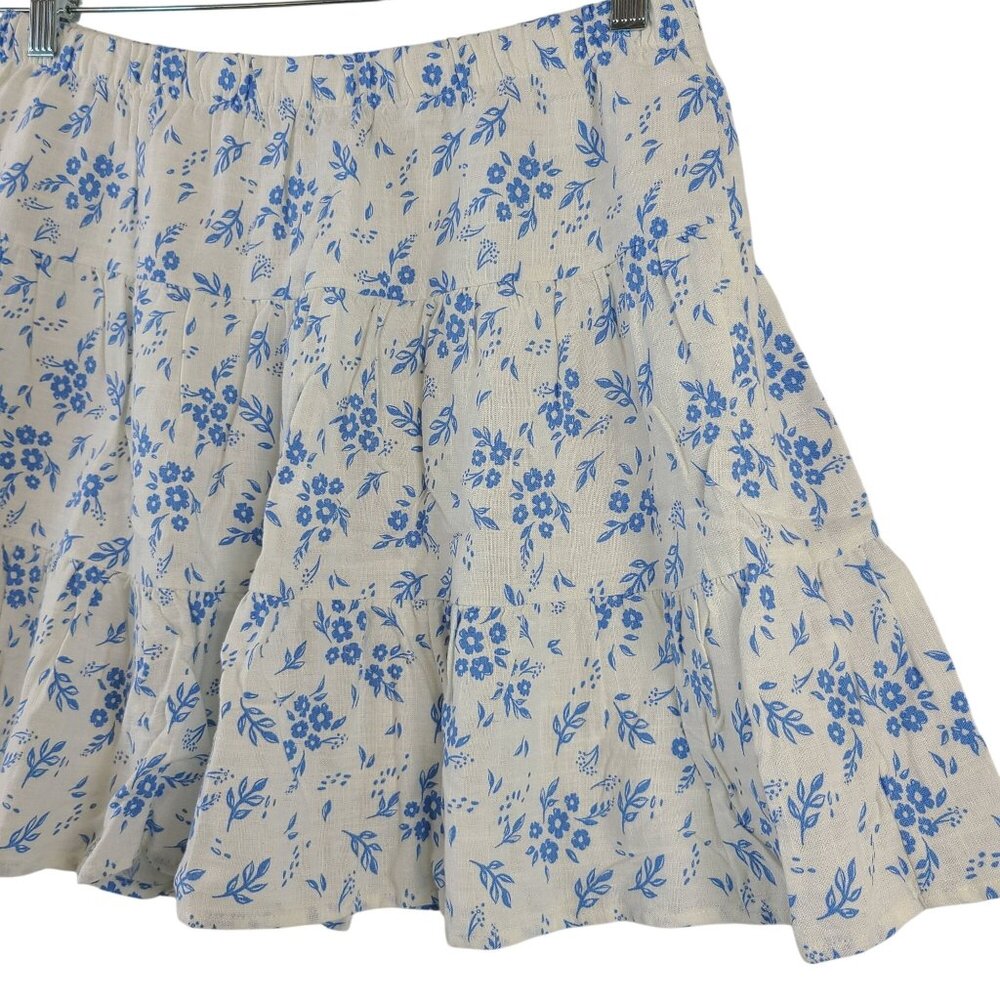 NEW Sincerely Jules Blue Floral Tiered Mini Skirt Rayon-Linen Blend Womens Sz L - Picture 2 of 8